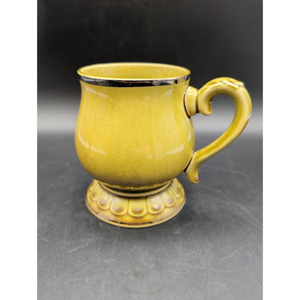 Vintage Monte Cristo Coffee Mug R6744 Green Stoneware Crackle Glaze Footed Cup